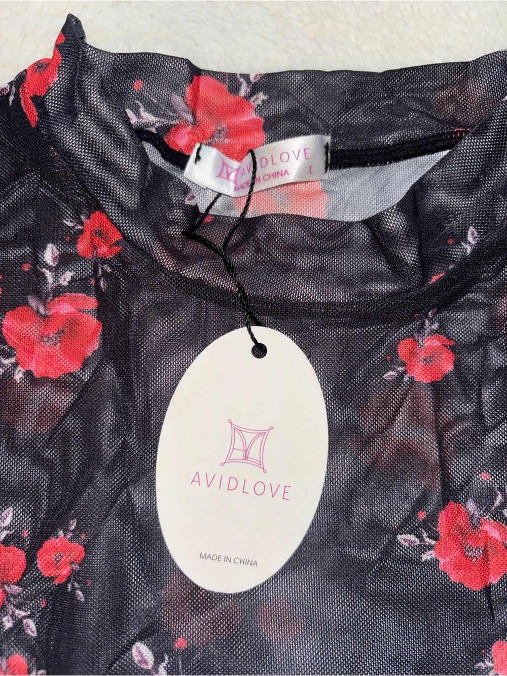 Avid Love Black Mesh Long Sleeve Crop Top with Red Floral Print - Picture 3 of 5